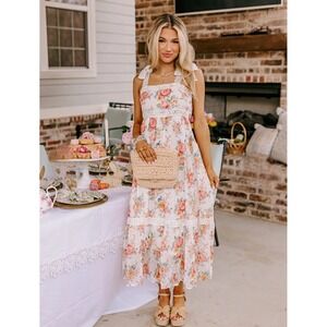 By the River Maxi Dress Womens M White Floral Lace Tie Strap Swiss Dot Bohemian